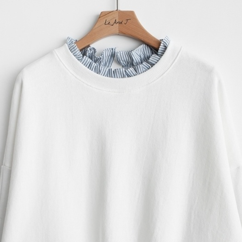 【春人気商品】【2色/M-2XL】薄款假兩件圓領白色TEE襯衫 韓版條紋寬鬆上衣