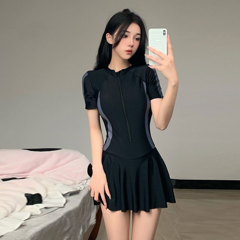 連身裙式泳衣 拉鍊設計修身版型 修飾身形顯瘦款