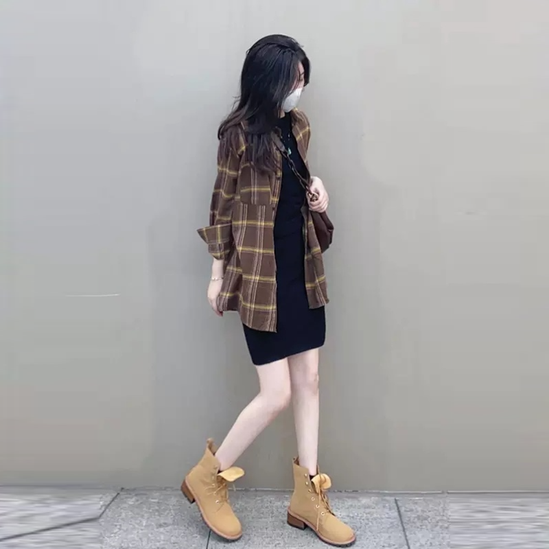 【單品可選】春夏韓版高級感顯瘦溫柔風 格紋襯衫+連身裙套裝