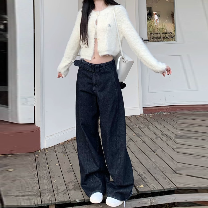 韓系 ‧ 復古腰帶設計感寬腿牛仔褲