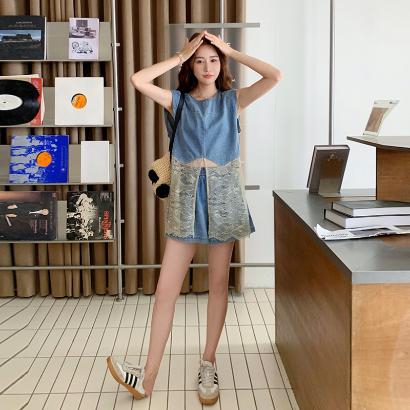 韓系穿搭古董蕾絲馬甲 × 丹寧短褲​度假組​