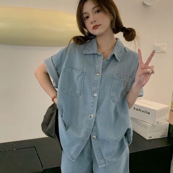 港風復古胖MM休閒短袖襯衫套裝 寬鬆丹寧風短褲套裝 薄款仿牛仔材質