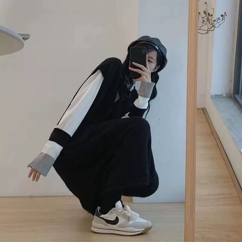 春秋寬鬆顯瘦系扣連身裙-百搭針織馬甲中長款洋裝