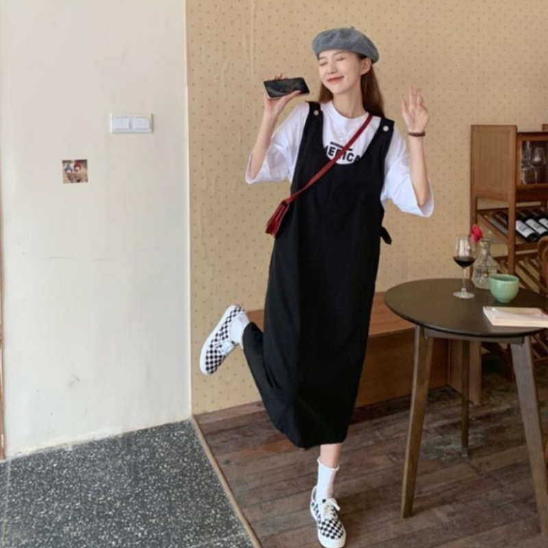 【單件可選】韓系 ‧ 字母上衣+工裝吊帶裙兩件套