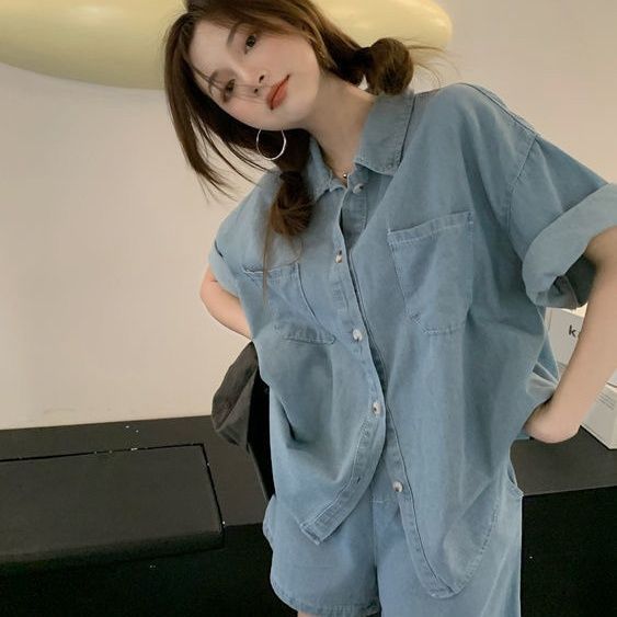 港風復古胖MM休閒短袖襯衫套裝 寬鬆丹寧風短褲套裝 薄款仿牛仔材質