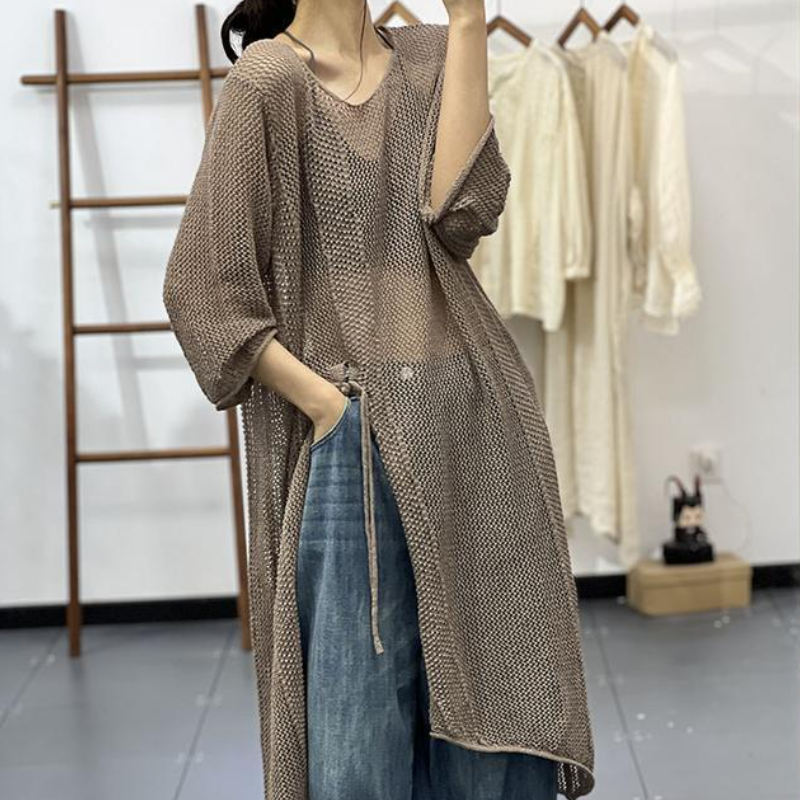 春夏鏤空針織裙罩衫 文青風中長版連身裙 慵懶休閒感穿搭