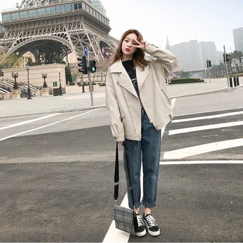 韓版休閒加厚寬鬆PU皮衣夾克短外套