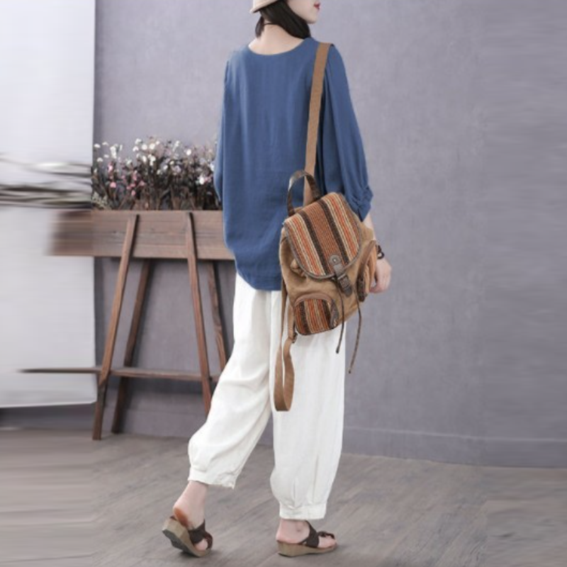 寬鬆五分袖上衣 春夏秋棉質 圓領縮口蓬袖 顯瘦百搭 外穿好搭