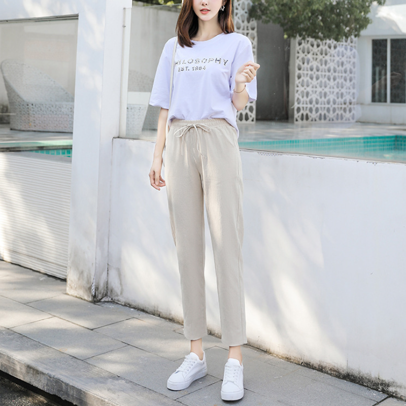 休閒簡約九分褲【8色】百搭綁帶素長褲薄款寬鬆鬆緊腰顯瘦休閒褲