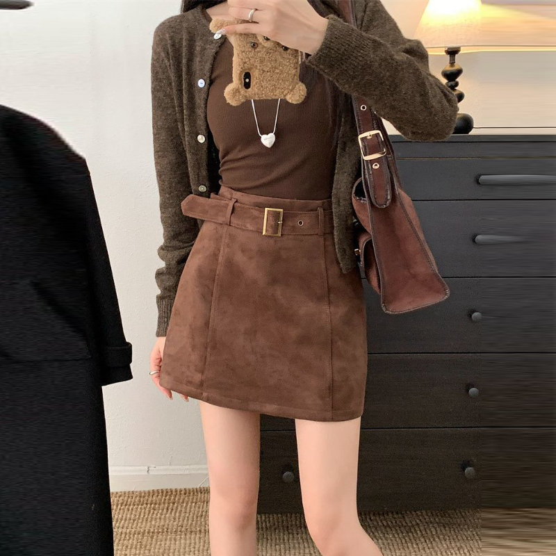 麂皮質感高腰 A 字短裙 咖啡色系 秋冬百搭款