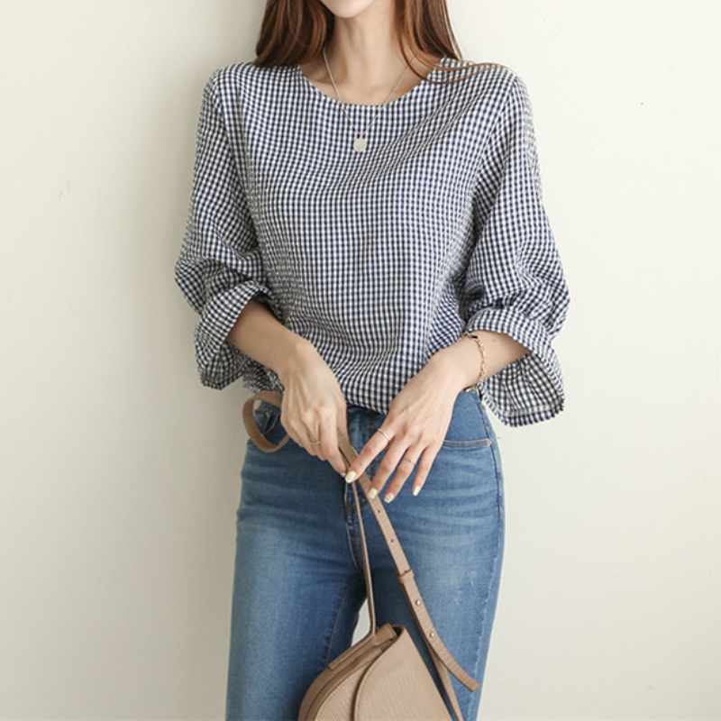 英倫格紋x顯瘦喇叭袖 優雅圓領上衣 寬鬆襯衫顯瘦微喇袖