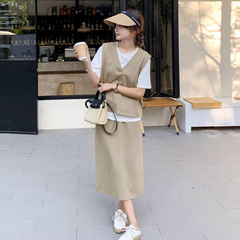 設計感兩件式套裝 V領拼接短袖T恤 配高腰中長裙 成套穿搭 顯瘦有型