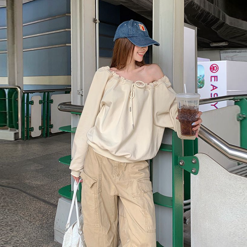 韓系綁帶斜肩寬鬆大學T 慵懶感套頭長袖上衣