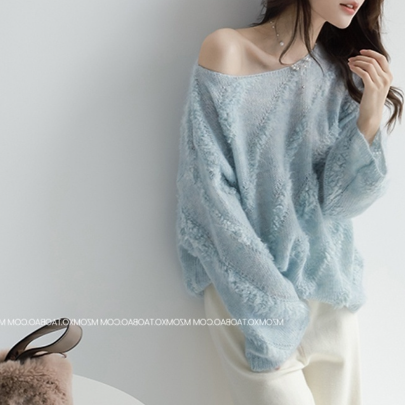 法式慵懶一字領馬海毛毛衣 秋冬外穿寬鬆針織上衣 柔軟蓬鬆