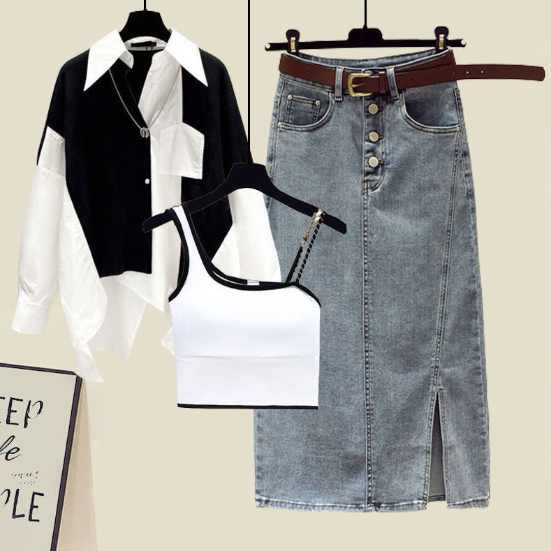 【單品可選】棉花糖救星套組 可拆式三穿機能套組 立體條紋翻領襯衫+美背細肩帶+丹寧半身裙