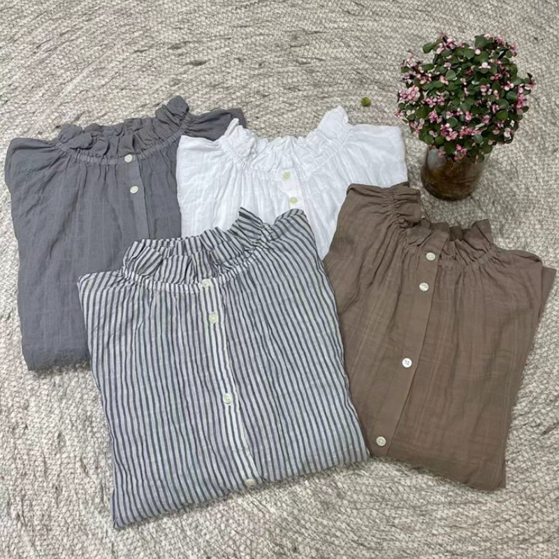 文青款​棉麻襯衫 雙面神級穿法 荷葉領文藝復古五分袖休閒上衣