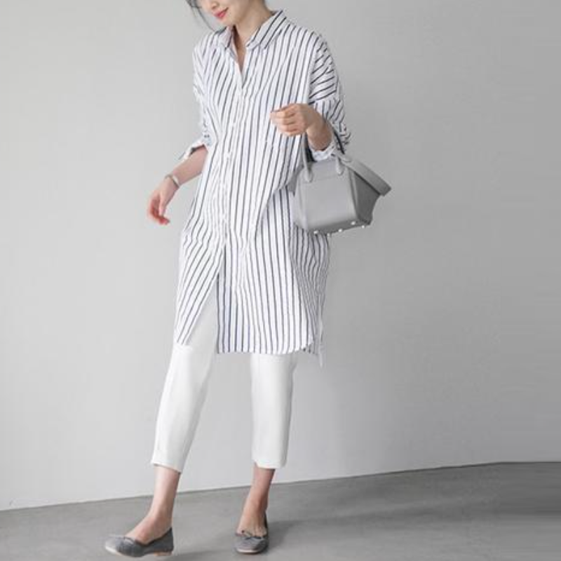 韓系純棉寬鬆版型條紋罩衫襯衫 過膝藏肉剪裁 慵懶風寬袖翻領上衣外套