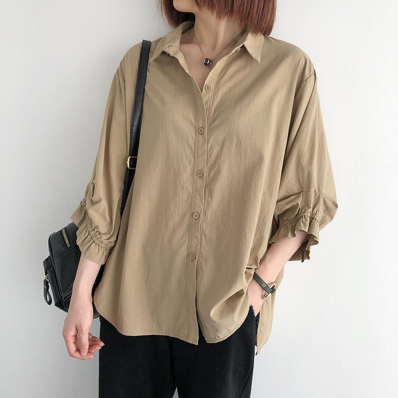 韓版寬鬆燈籠袖襯衫-春夏薄款大尺碼七分袖上衣