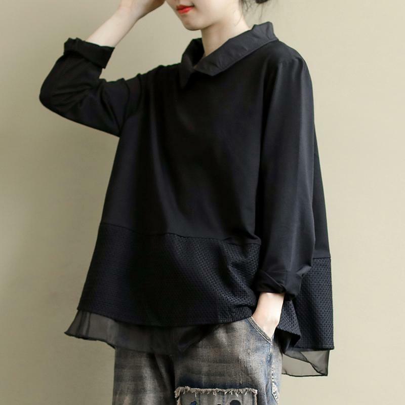 簡約．拼接蕾絲長袖上衣 寬鬆套頭襯衫