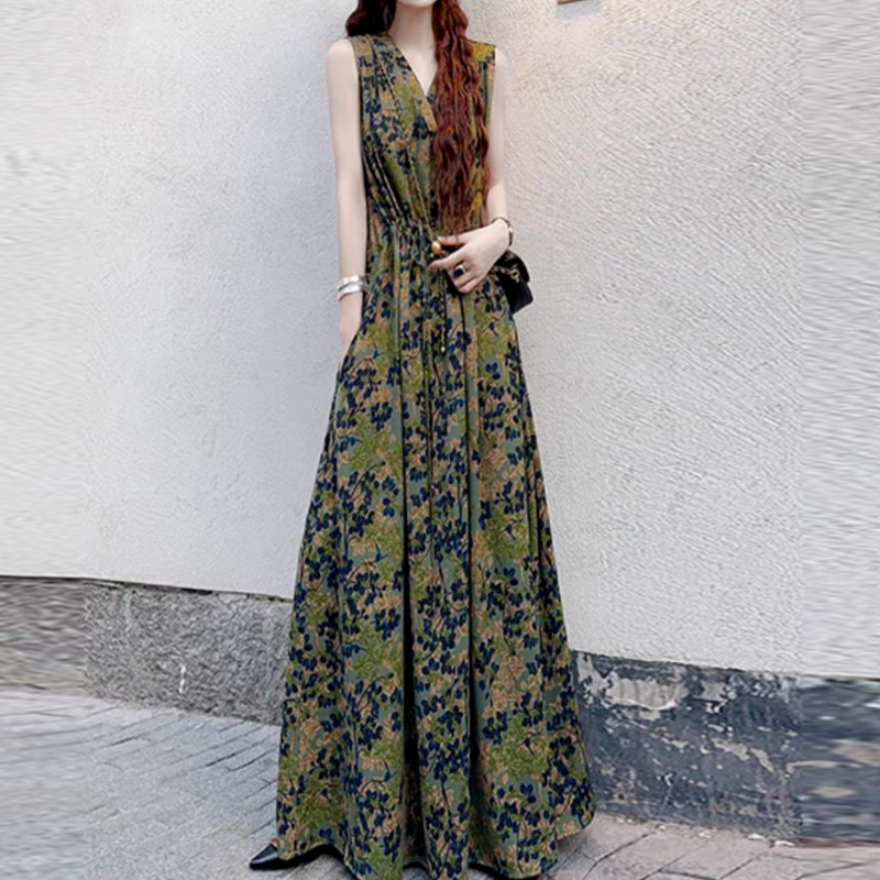 小資輕奢 法式無袖長裙 抗UV冰絲緞面渡假 獨家剪裁顯瘦 手繪熱帶印花 冷氣房友善IG爆款連身裙