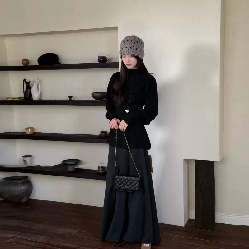 法式半高領荷葉擺針織上衣 燈籠袖 收腰版型 比例更好看