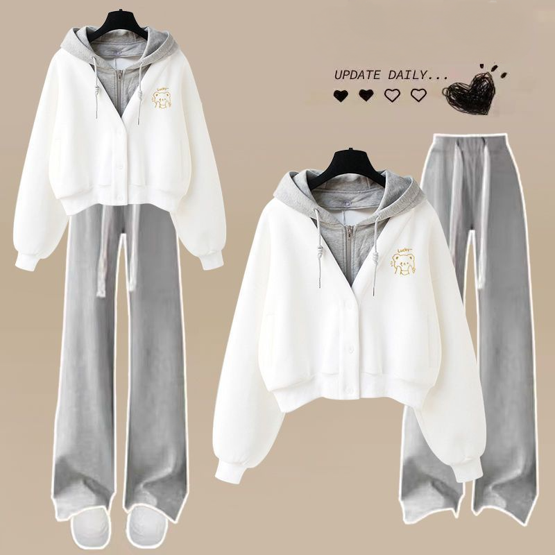 慵懶風寬鬆假兩件連帽運動套裝 大學TEE 休閒寬褲兩件套