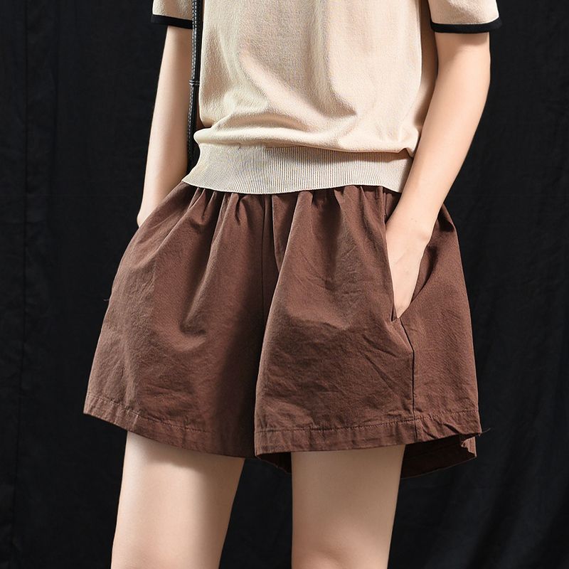 復古文藝寬鬆短褲 棉質鬆緊腰 百搭寬鬆休閒款