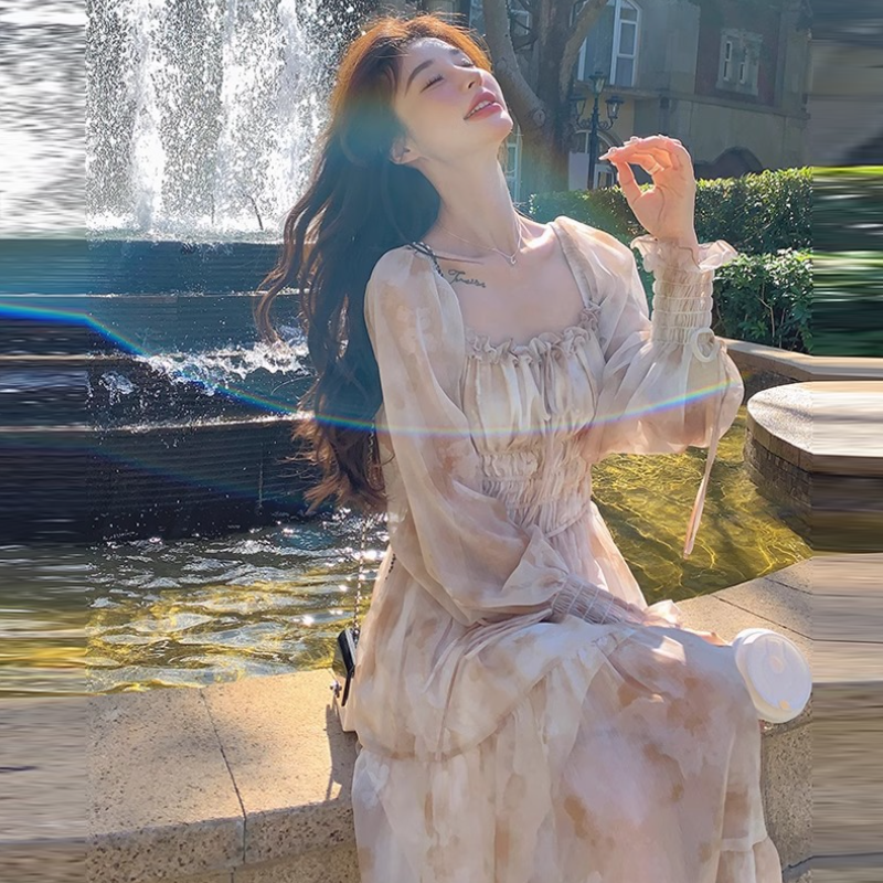 飄逸雪紡法式方領泡泡袖長洋 碎花初戀風顯瘦雪紡裙