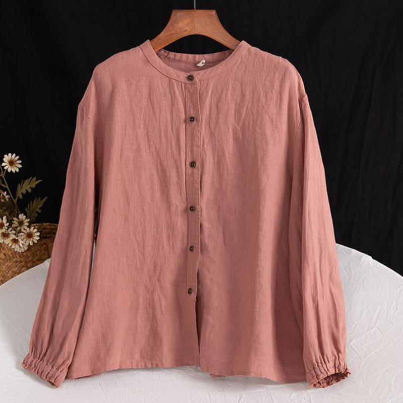 棉麻圓領襯衫外套 文青復古感 春秋長袖 寬鬆版 袖口縮口 好搭上衣