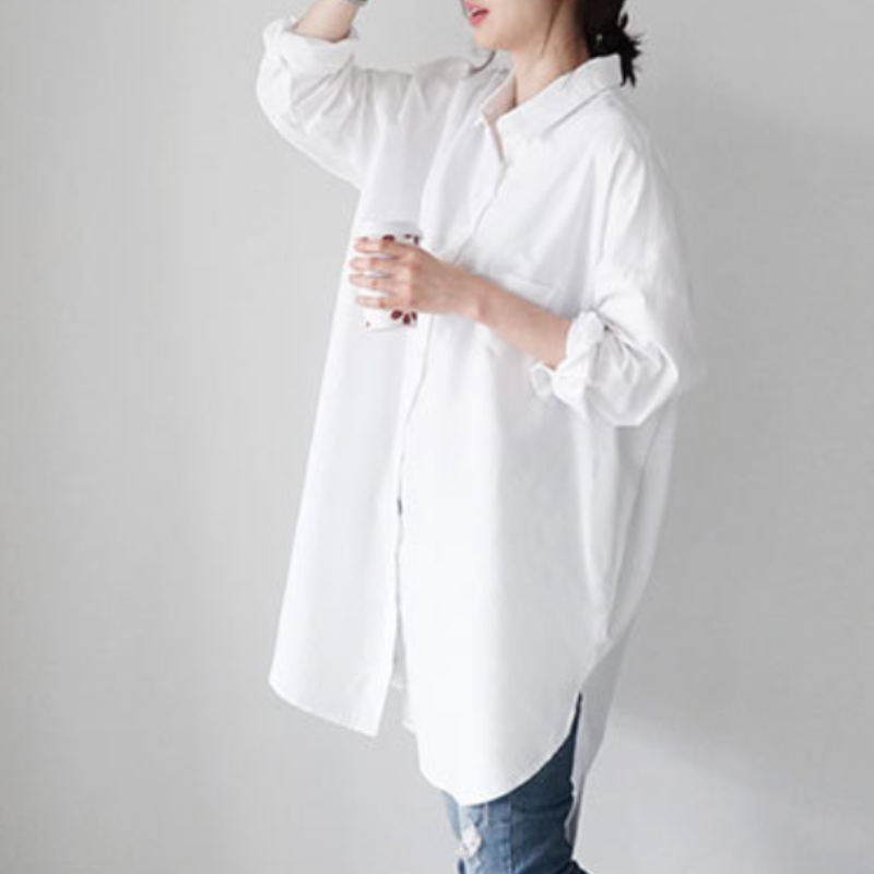 韓系純棉寬鬆版型條紋罩衫襯衫 過膝藏肉剪裁 慵懶風寬袖翻領上衣外套