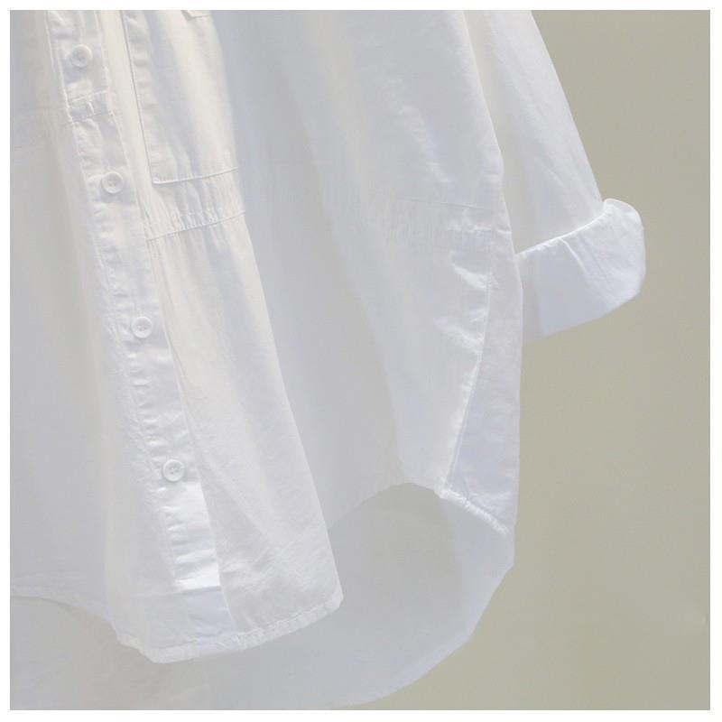 韓系寬鬆雙口袋棉質襯衫 文青休閒風 前短後長白色長袖上衣