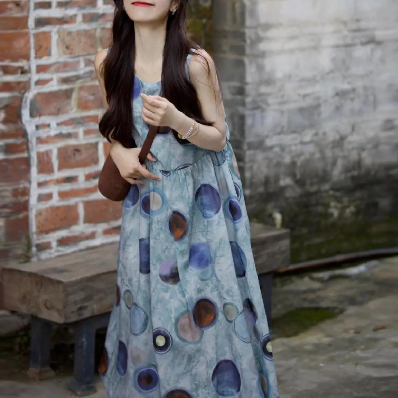 手繪感塗鴉背心裙洋裝 學妹系圓點天絲長裙 抗UV涼感閨蜜裝 獨家版型 社團穿搭師大商圈街拍