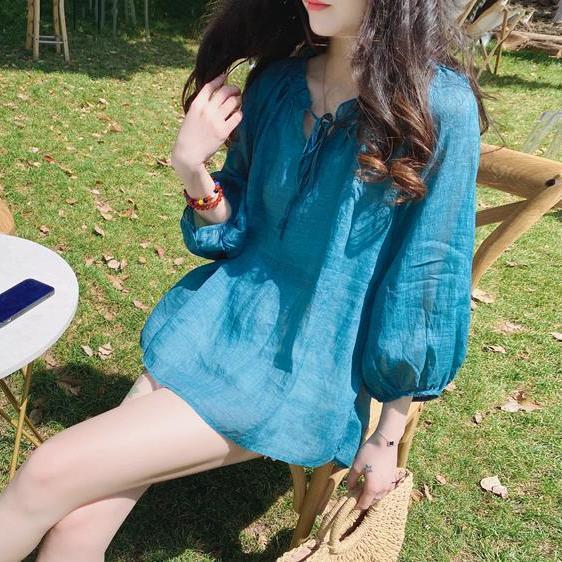 韓版寬鬆甜美系花邊燈籠袖七分袖襯衫