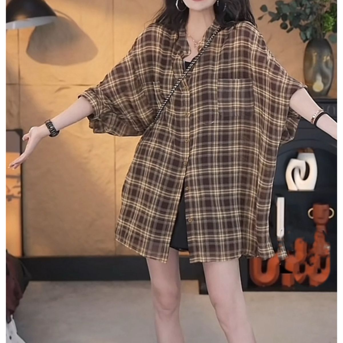 復古格紋寬鬆防曬襯衫外套 七分袖長版休閒款