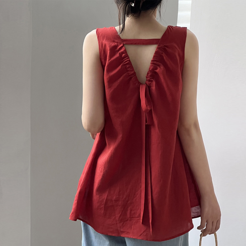 韓系後背綁帶V領無袖上衣  露背設計 輕熟法式感