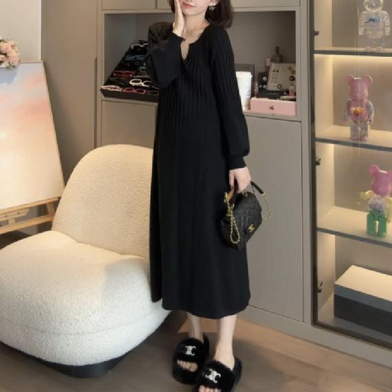 蜜桃領顯瘦燈籠袖秋冬針織洋裝