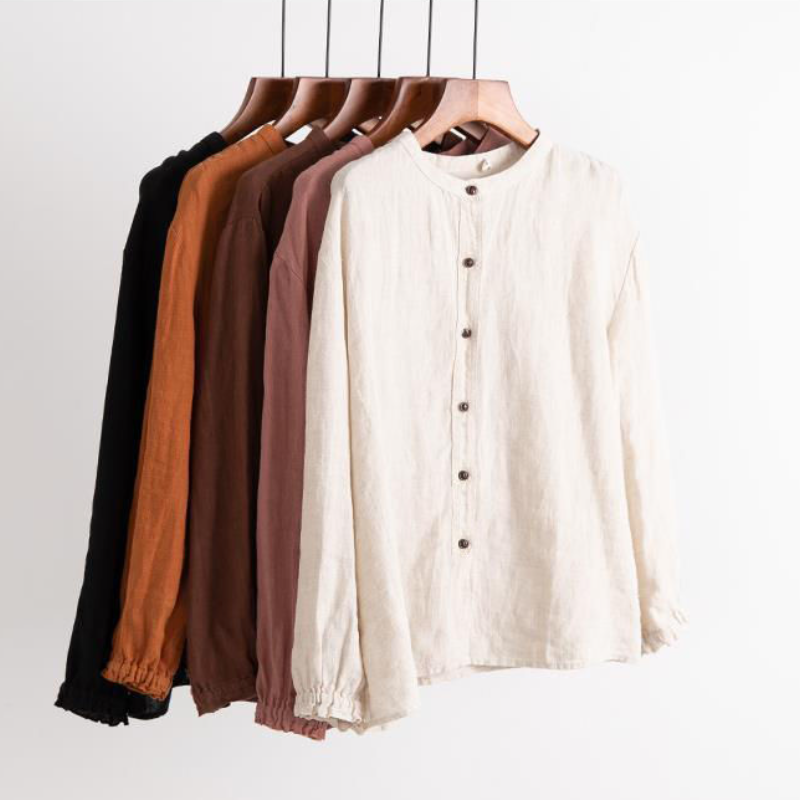 棉麻圓領襯衫外套 文青復古感 春秋長袖 寬鬆版 袖口縮口 好搭上衣