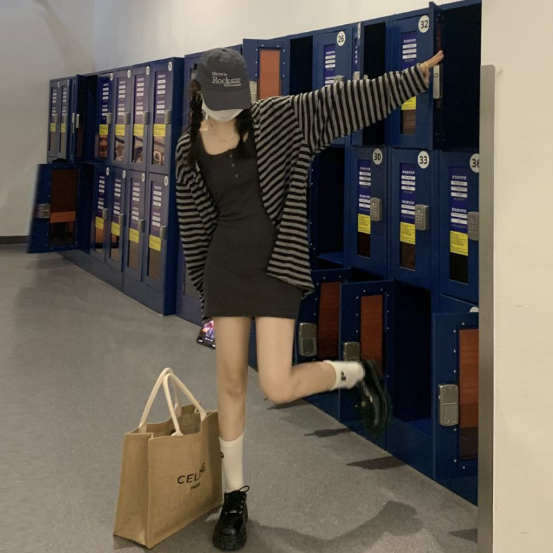 條紋針織開襟外套＋背心洋裝｜兩件式 甜辣風 修身顯瘦（長版／短版）