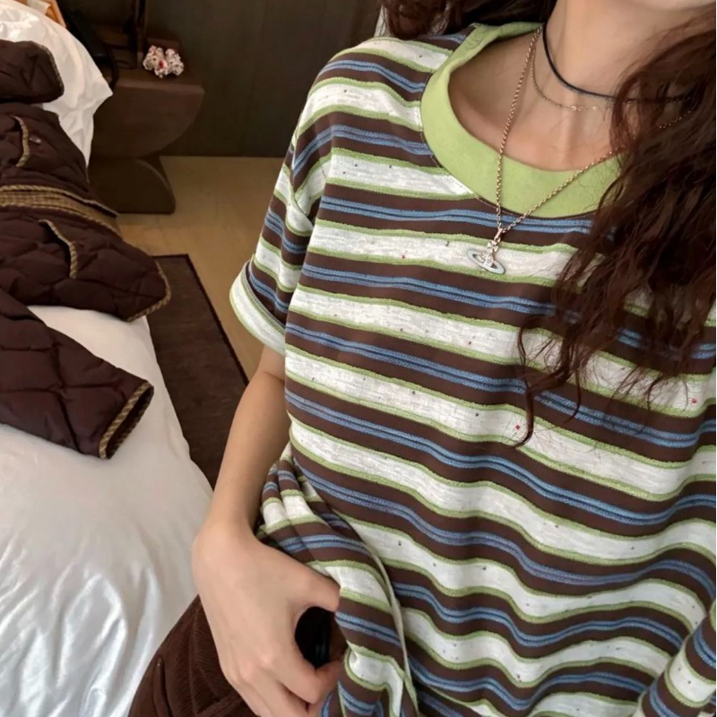 復古撞色條紋短袖T恤 寬鬆版型 美式休閒上衣