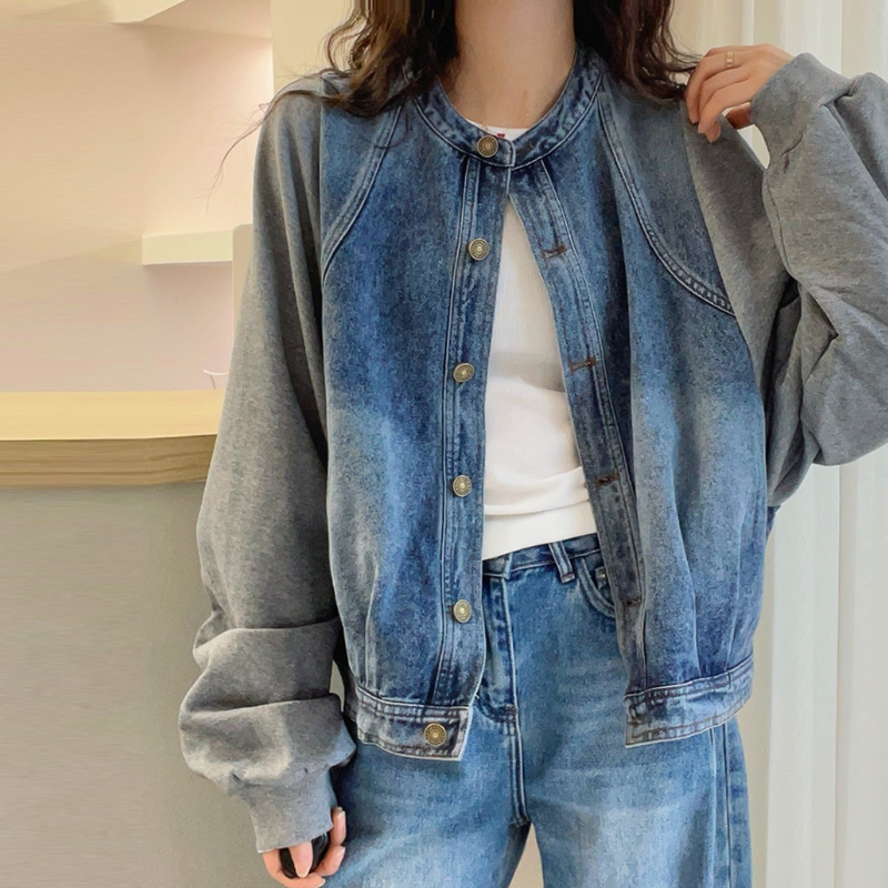 假兩件拼接牛仔外套 早秋新款 歐風時尚寬鬆外套上衣外搭