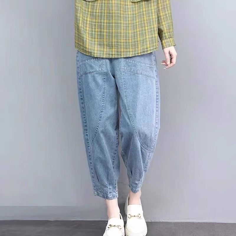 九分牛仔褲寬鬆顯瘦高腰休閒鬆緊哈倫褲