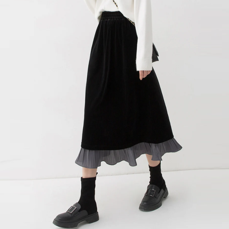 多巴胺絲絨撞色半身裙女2024秋冬新款黑色高腰氣質半裙假兩件