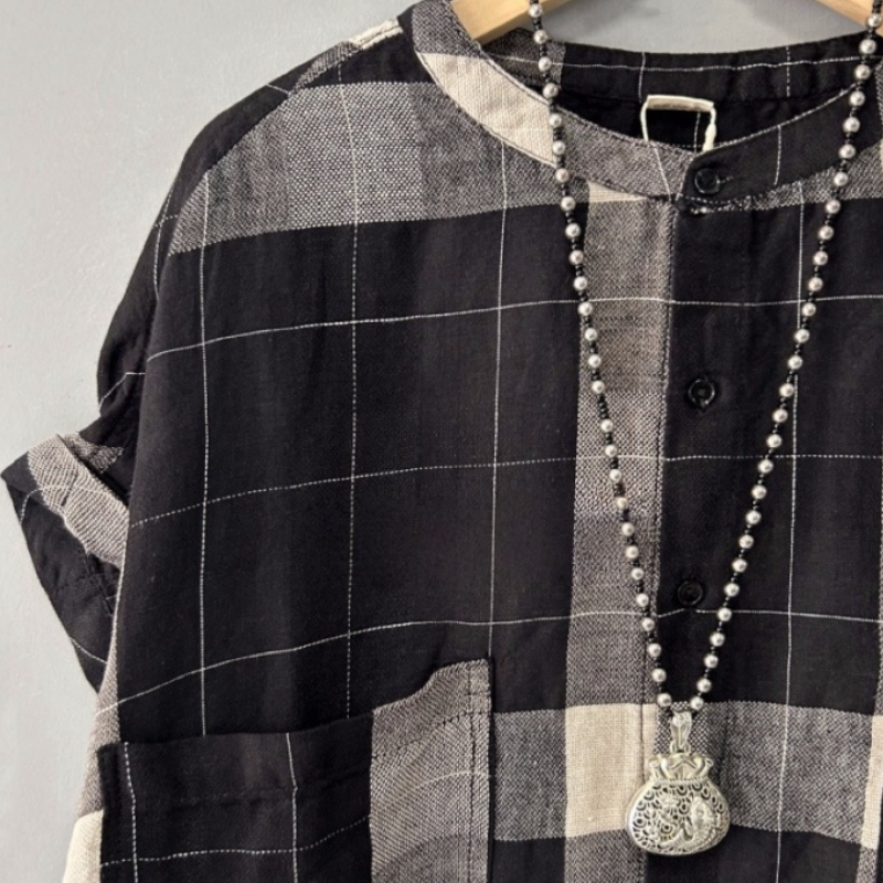 棉麻撞色格子短袖襯衫 寬鬆大尺碼簡約復古款