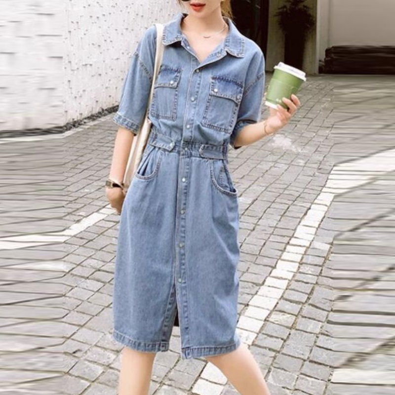 甜美日系收腰牛仔連身裙 顯瘦氣質中長A字裙