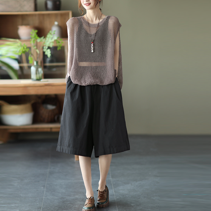 純棉寬版中長褲 鬆緊腰設計 文青休閒風