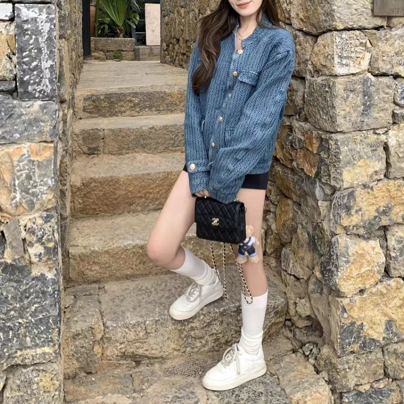 小香風丹寧短版外套 立領金釦 藍色復古感 外搭