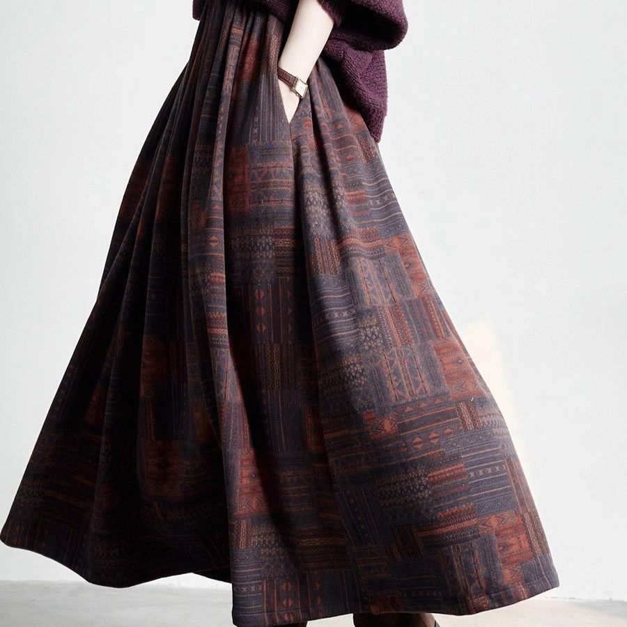 「套裝/單件」復古文藝針織上衣＋印花長裙兩件式套裝 慵懶氣質 秋冬穿搭