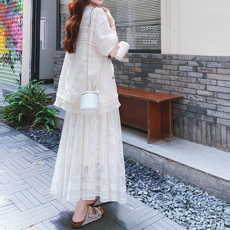 印花蕾絲上衣＋長裙套裝 刺繡細節 氣質優雅兩件式洋裝感穿搭
