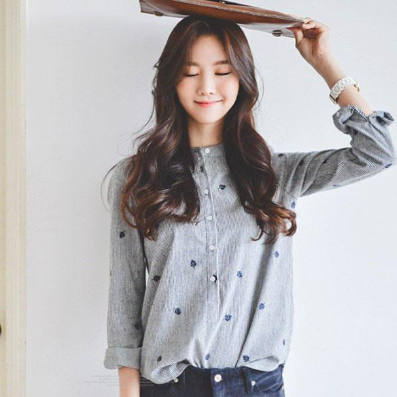 春秋立領條紋襯衫 長袖寬鬆顯瘦簡約通勤韓版上衣