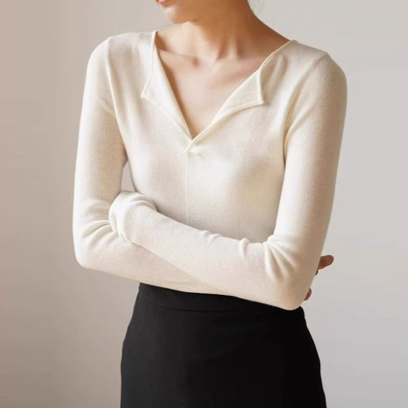 法式開領V領貼身針織上衣 秋冬長袖 羅紋彈性 內搭外穿 高級感